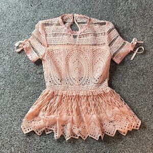 Alexis Pink Ruffled Peplum Blouse Eyelet Crochet Lace Size (S) Small